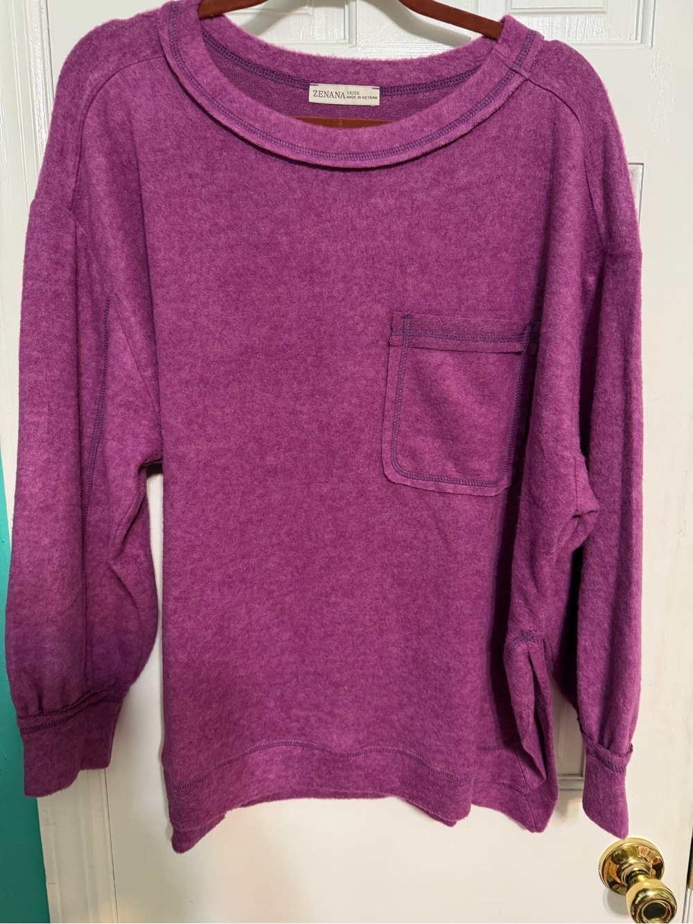 NIB Zenana Brushed Hacci Ultra Soft Pocket Pullover Sweater – Plum – Size 1X/2X,